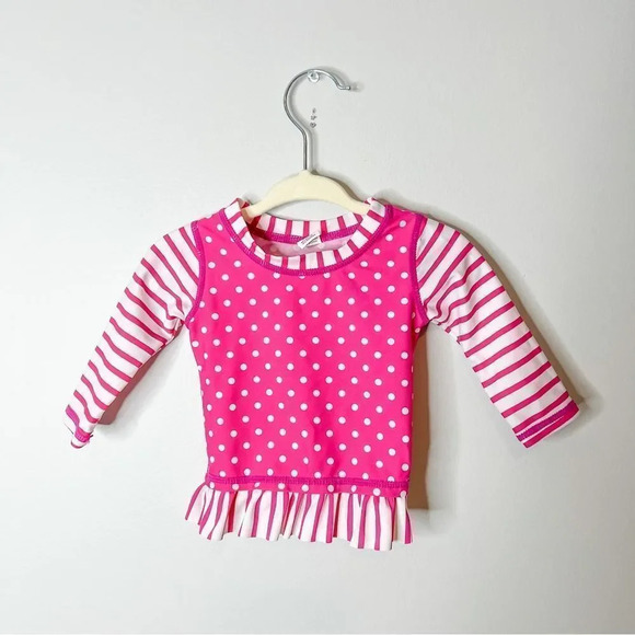 Ruffle Butts Pink Polka Dot Stripe Baby Swim Top - Picture 1 of 4